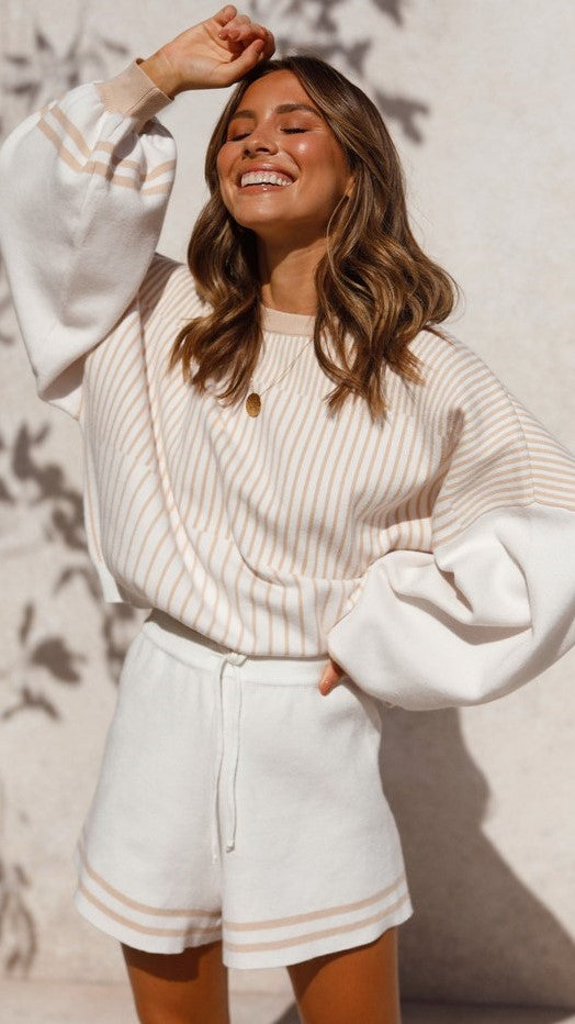 Cream Striped Knit Top and Shorts Matching Sets