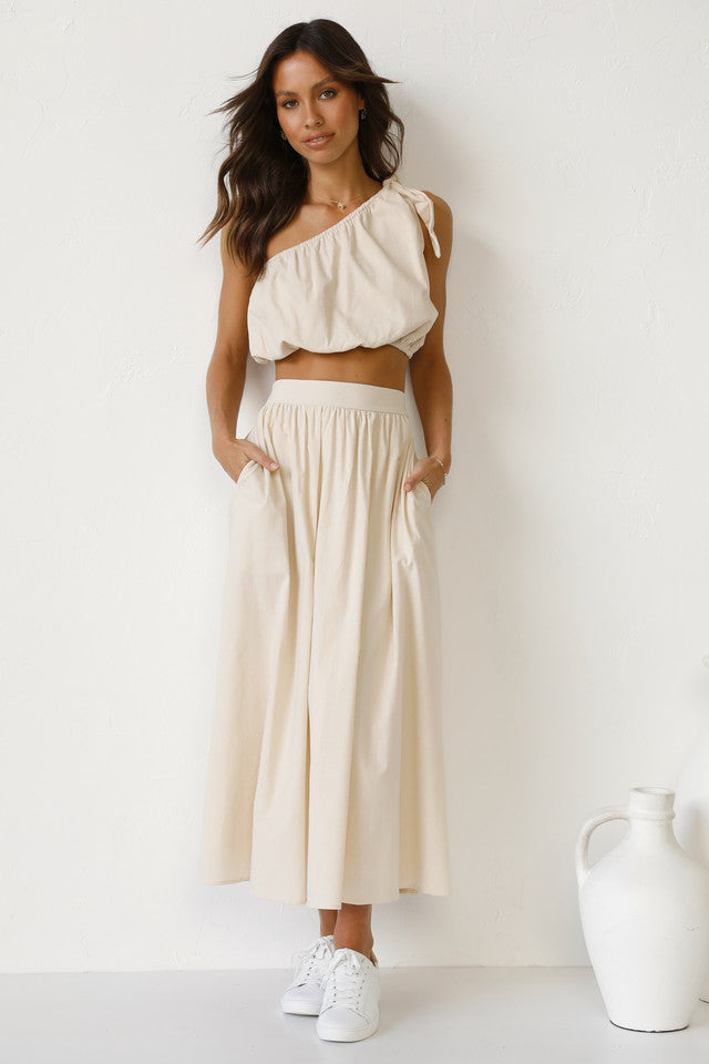 Beige One Shoulder Top and Skirt Sets