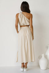 Beige One Shoulder Top and Skirt Sets