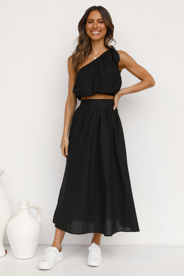 Black One Shoulder Top and Skirt Sets