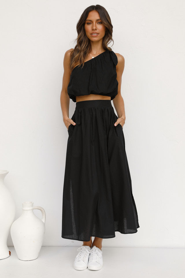 Black One Shoulder Top and Skirt Sets