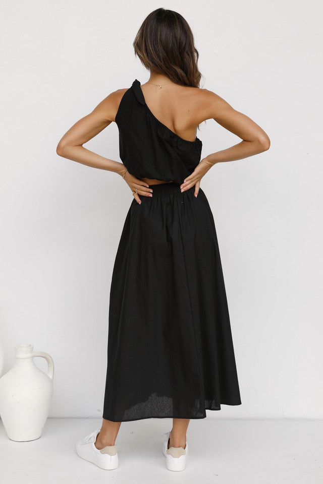 Black One Shoulder Top and Skirt Sets