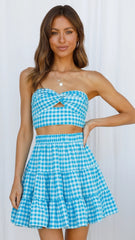 Blue Plaid Print Crop Top and Skirt Sets