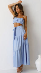 Blue Waist Tie Midi Skirts