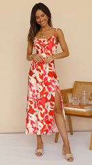 Red Abstract Print Midi Dress