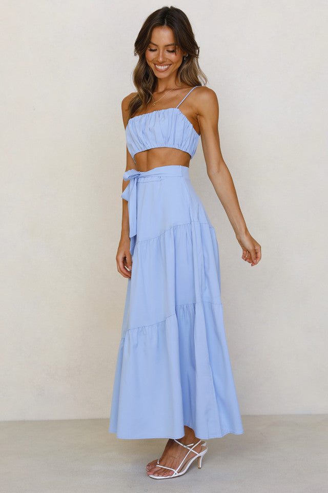 Blue Waist Tie Midi Skirts