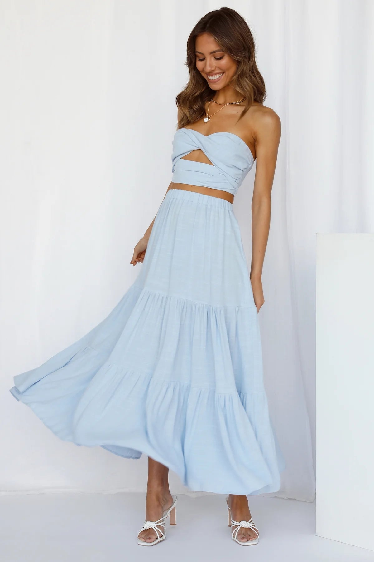 Light Blue Crop Top and Skirt Sets