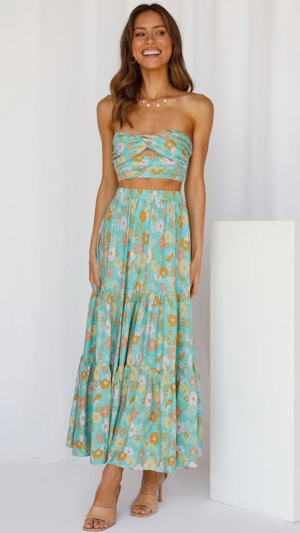 Green Floral Crop Top and Skirt Sets