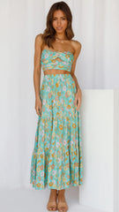 Green Floral Crop Top and Skirt Sets