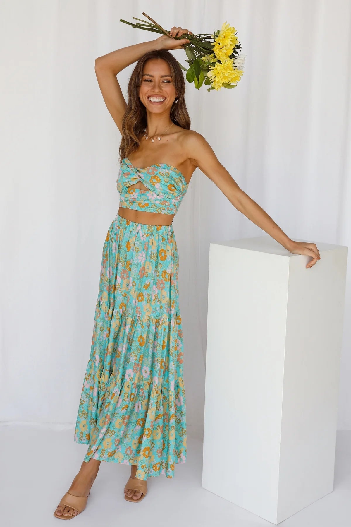 Green Floral Crop Top and Skirt Sets