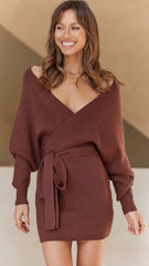 Brown Waist Tie Long Sleeves Knit Dress