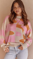 Pink Color Block Pullover Knit Sweater