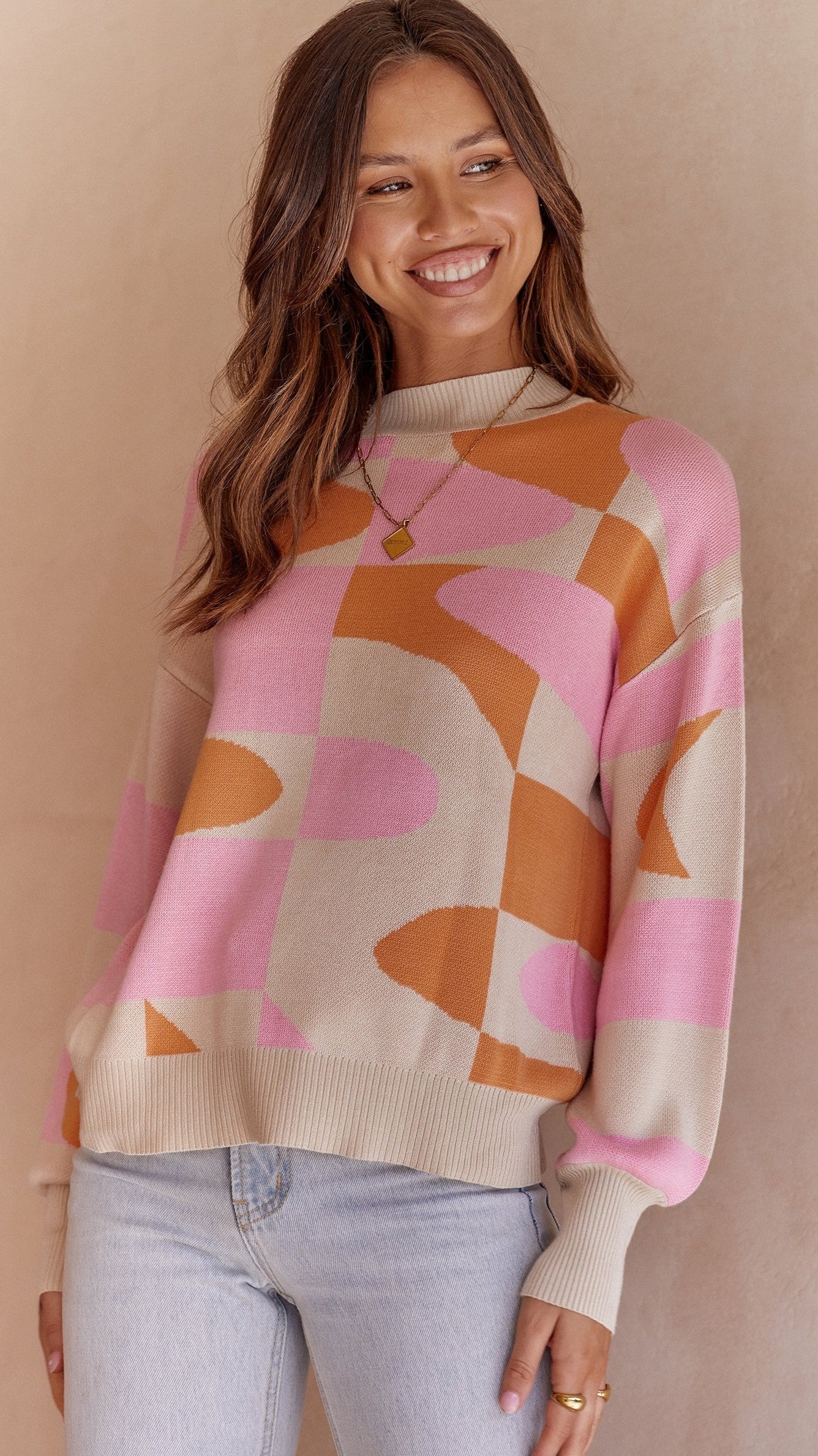 Pink Color Block Pullover Knit Sweater