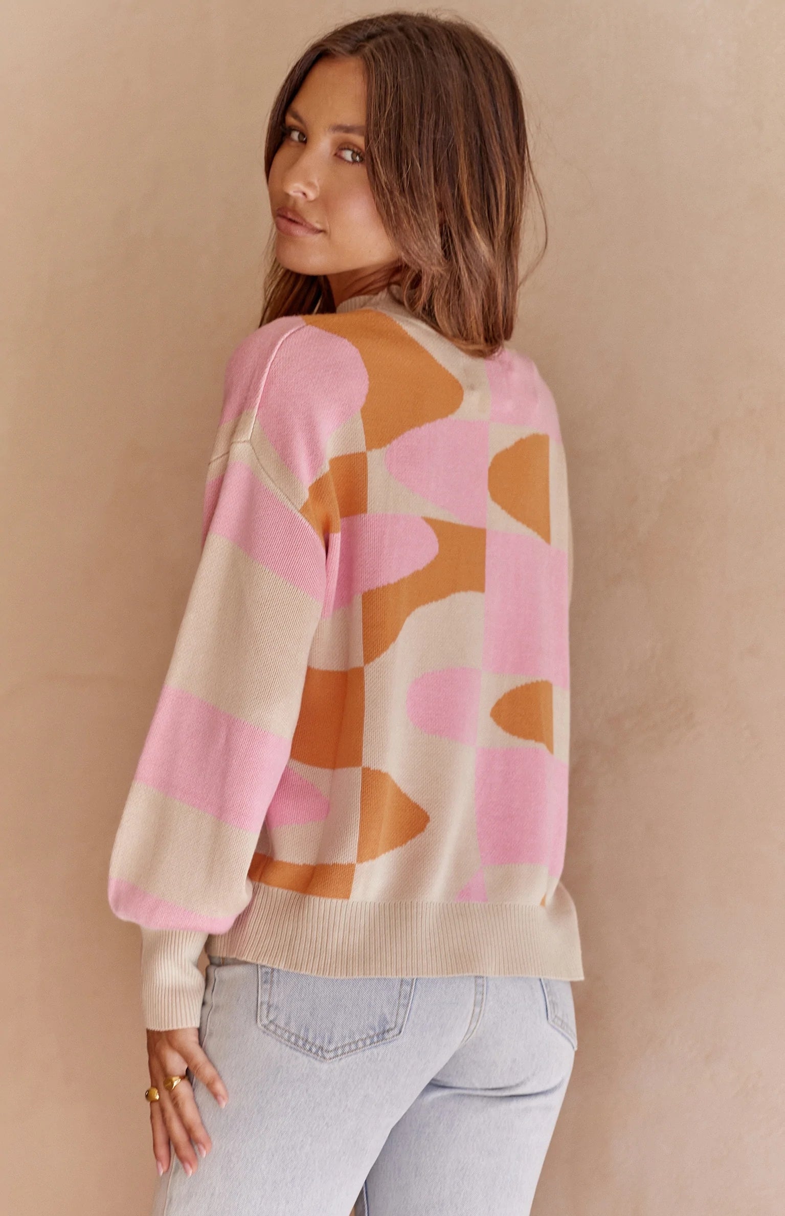 Pink Color Block Pullover Knit Sweater