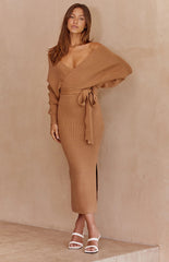 Khaki Surplice Batwing Knit Midi Dress