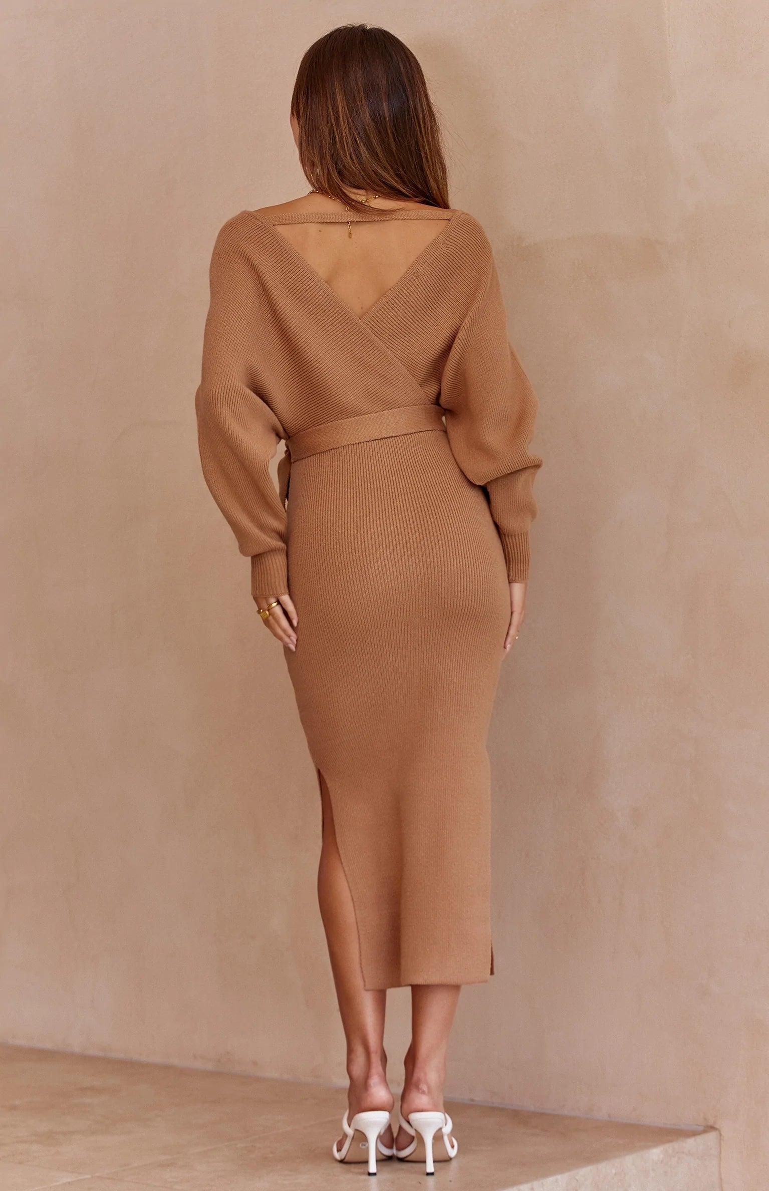 Khaki Surplice Batwing Knit Midi Dress