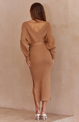 Khaki Surplice Batwing Knit Midi Dress