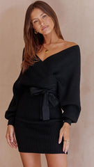 Black Waist Tie Long Sleeves Knit Dress