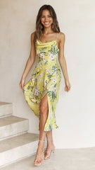 Yellow Tropical Print Cami Midi Dress