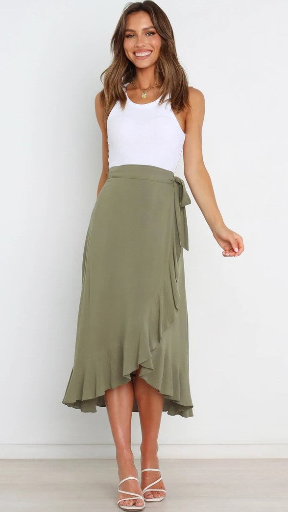 Olive Green Waist Tie Midi Skirts