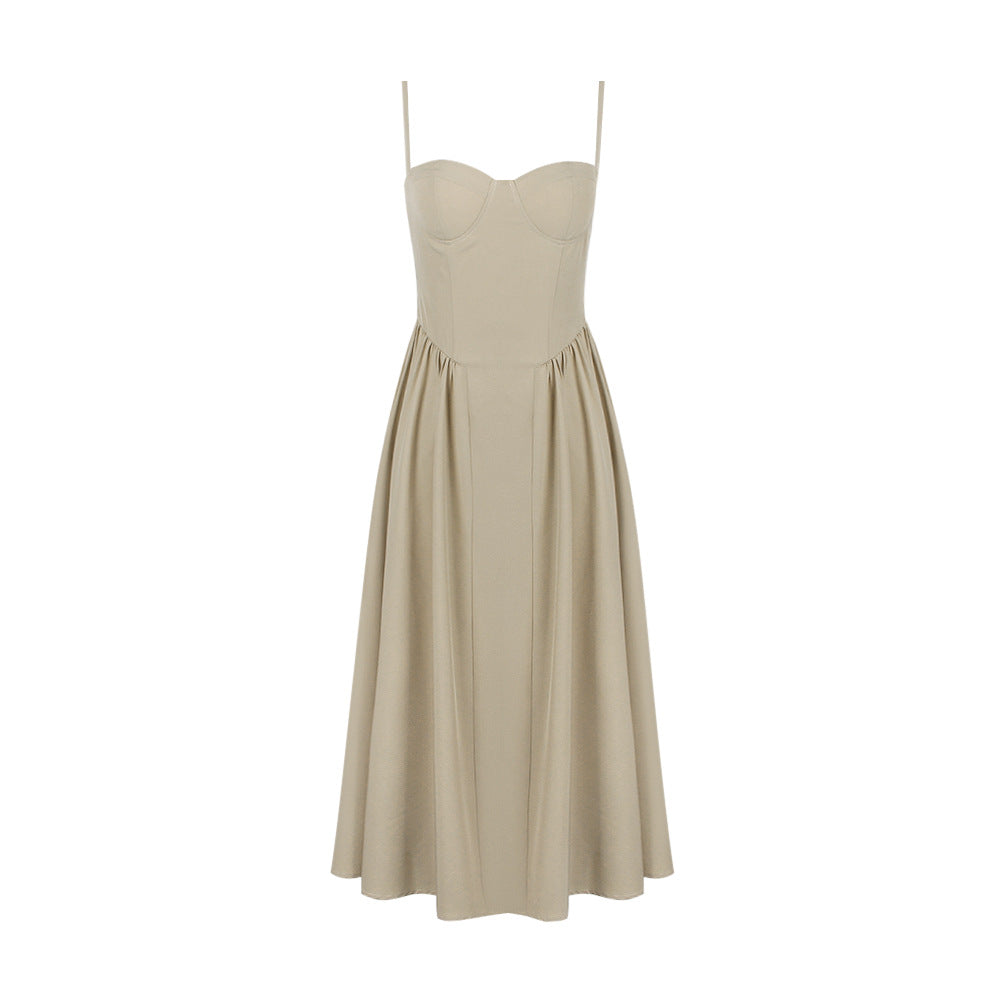 Beige Solid Pincess Midi Dress