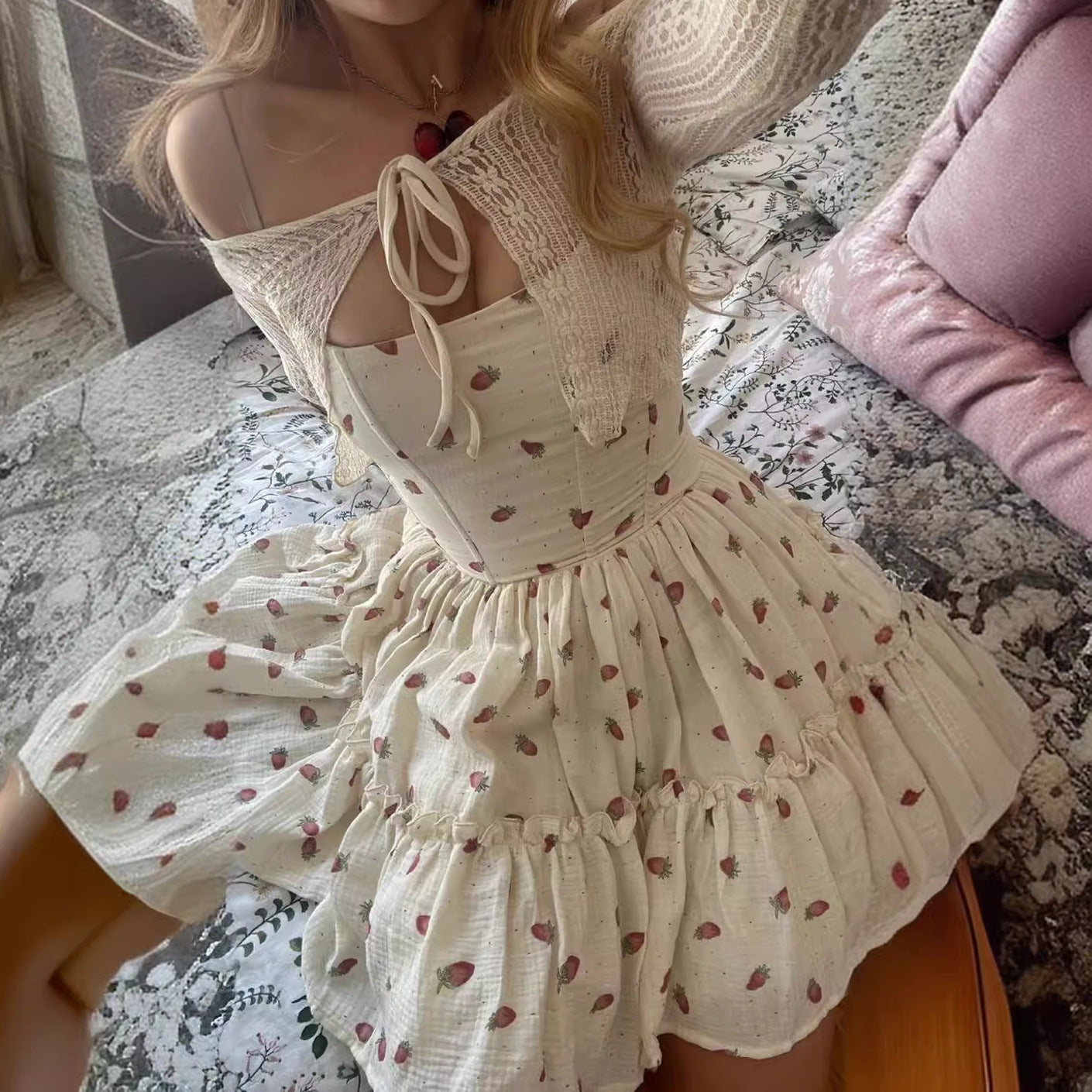 Strawberry Print Shoulder Ties Mini Dress