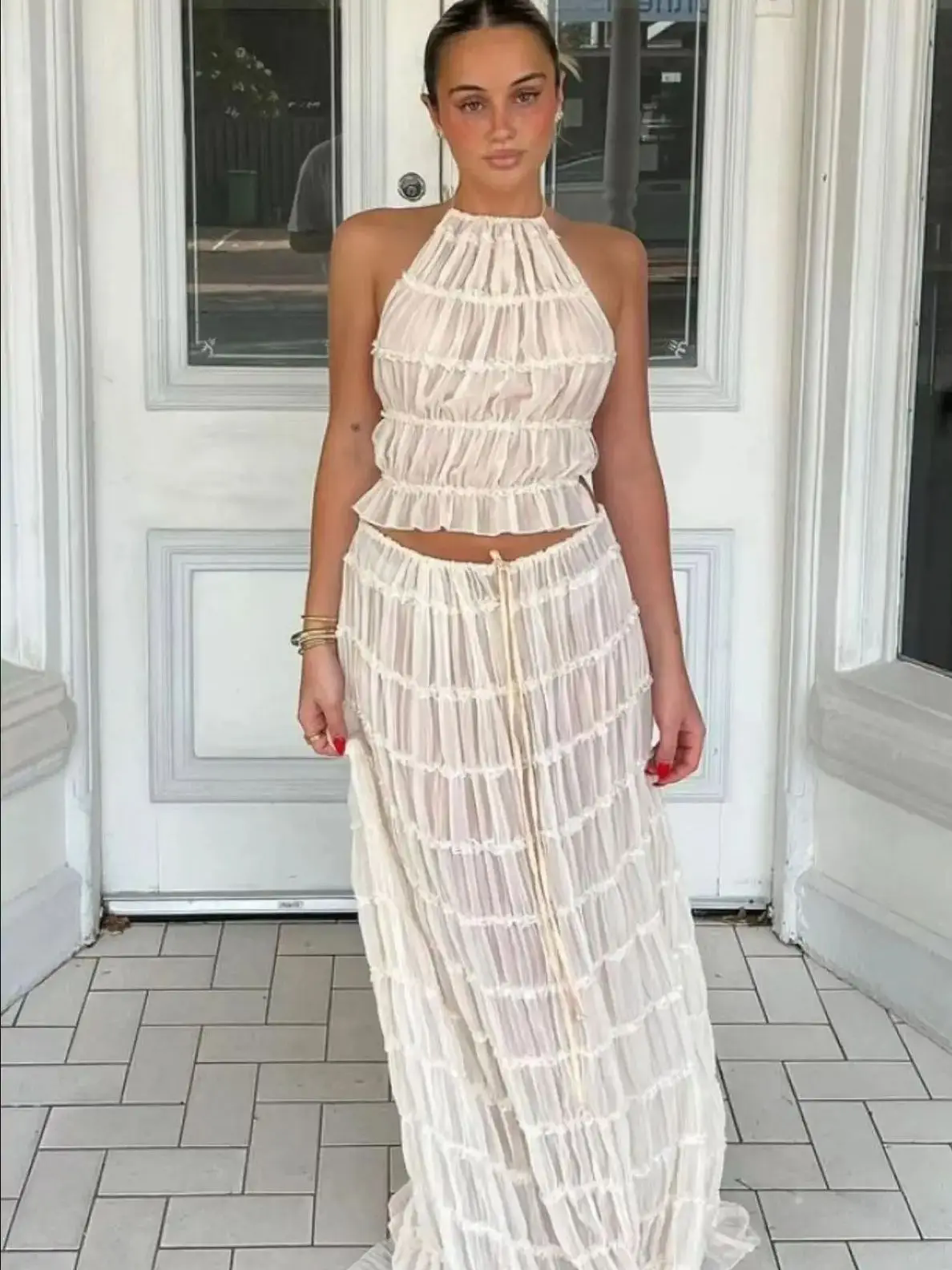 Beige Top And Maxi Skirt Matching Sets