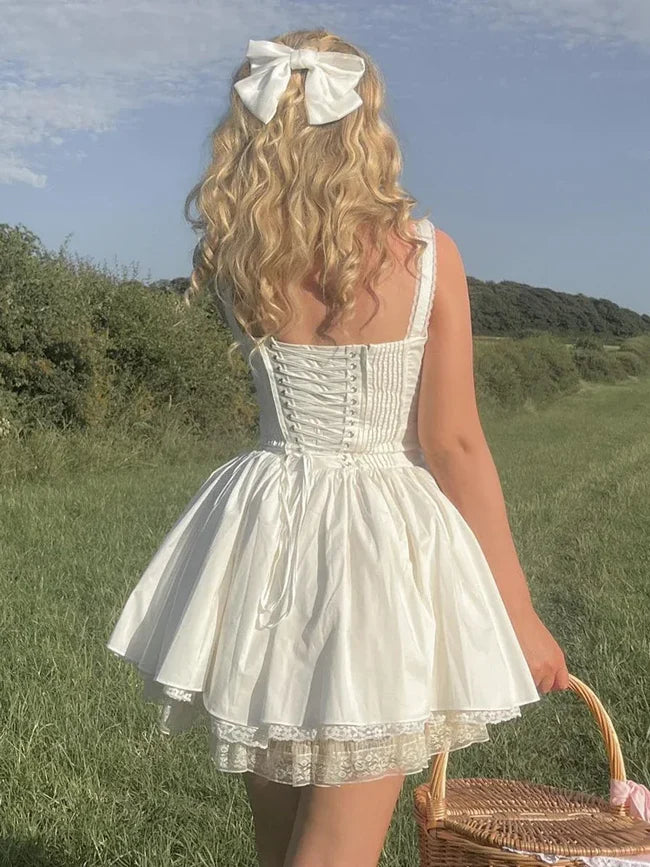 White Back Lace Up Mini Dress