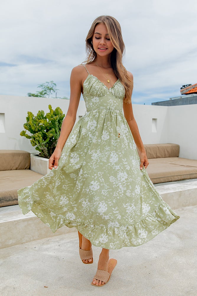 Green Floral V Neckline Maxi Dress