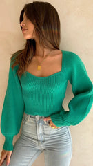 Green Long Sleeves Knit Crop Top