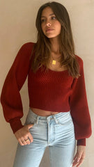 Burgundy Long Sleeves Knit Crop Top