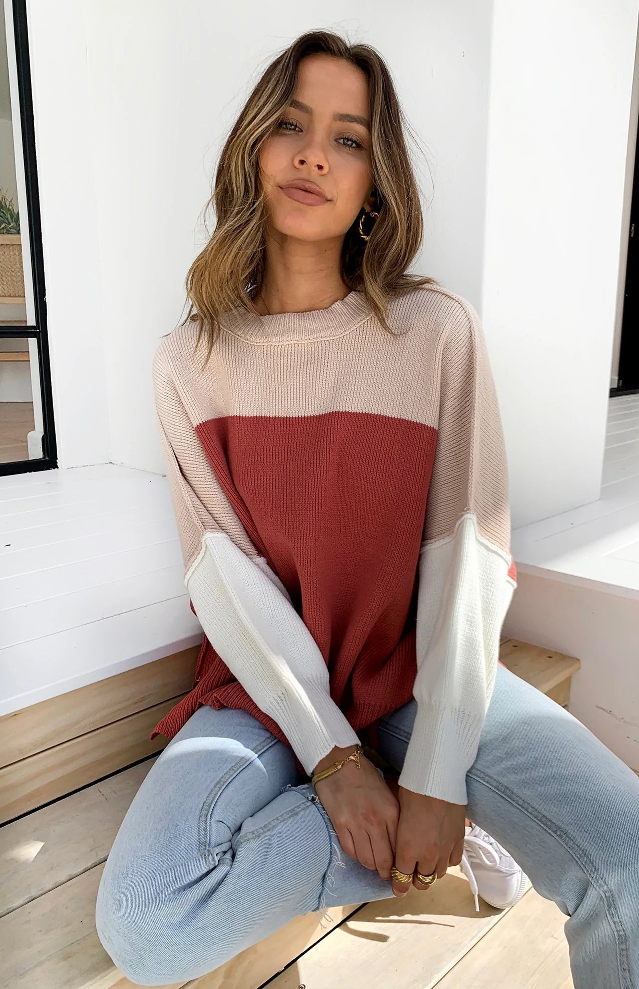 Brown Colorblocked Knit Sweater