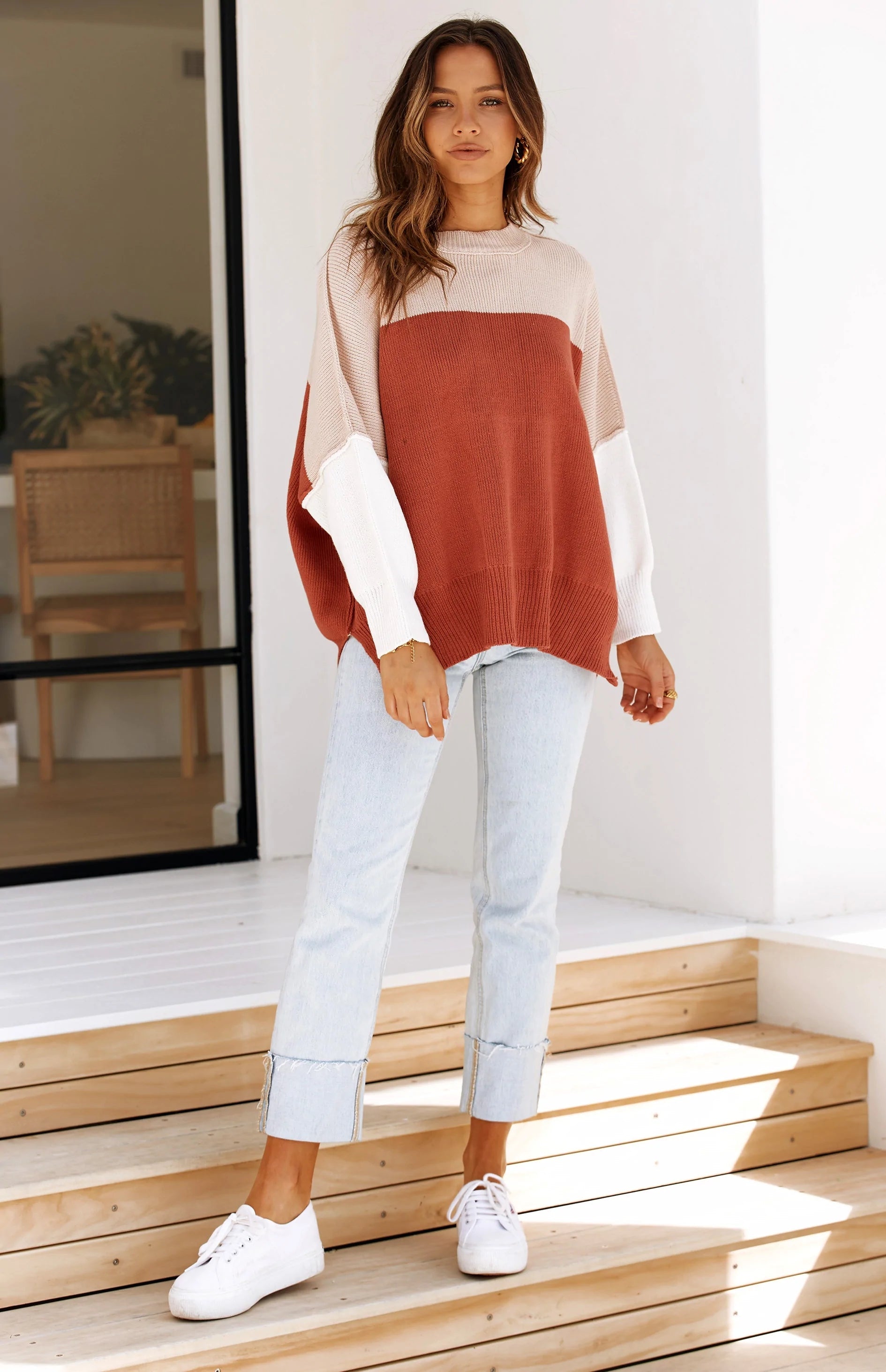 Brown Colorblocked Knit Sweater