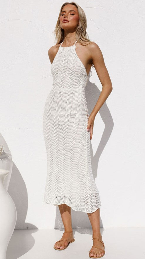 White Crochet Knit Midi Dress