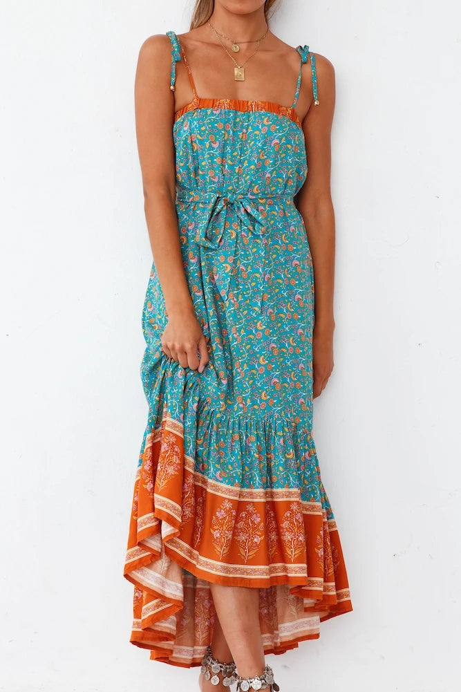 Turquoise Boho Floral Midi Dress