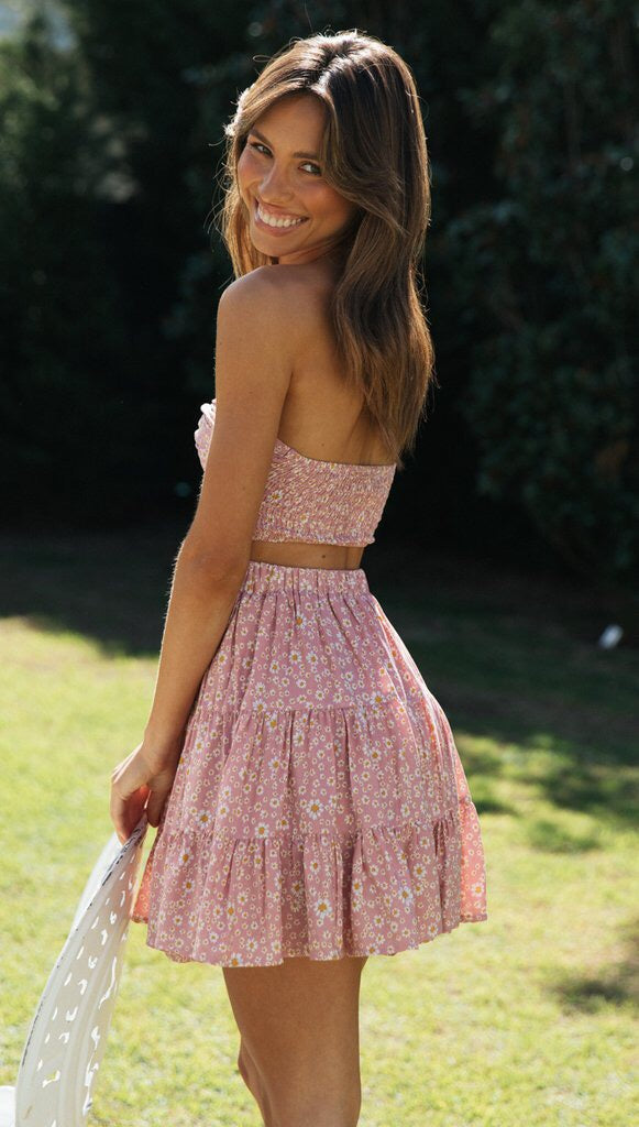 Pink Floral Crop Top and Skirt Sets