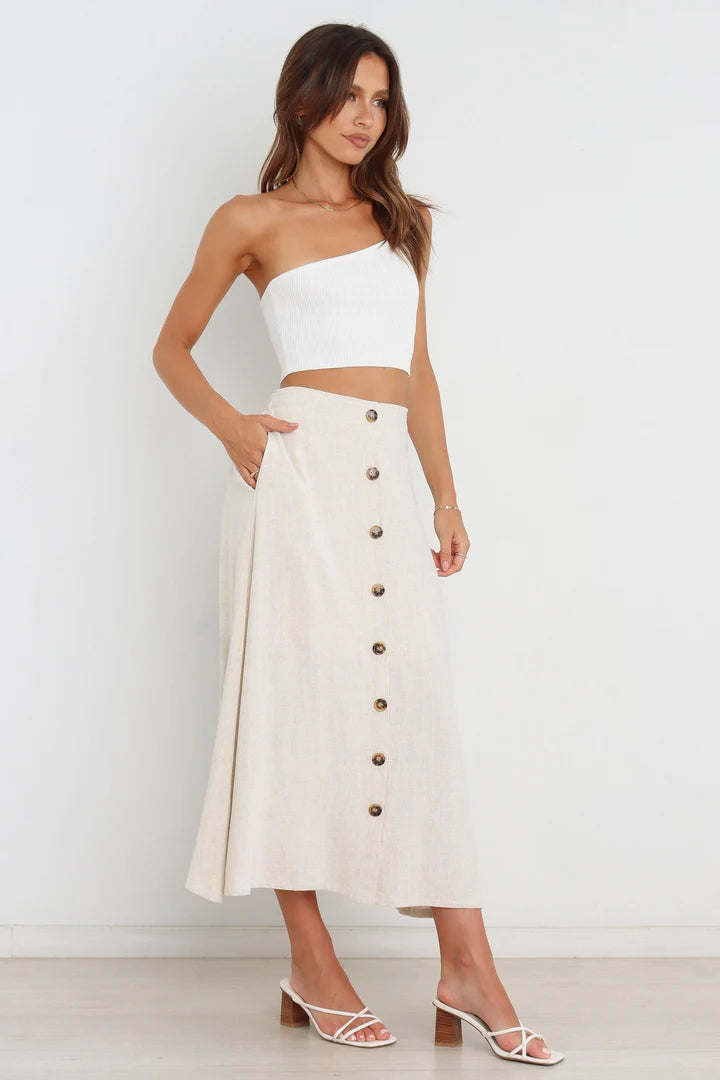 Beige Button Down Midi Skirts