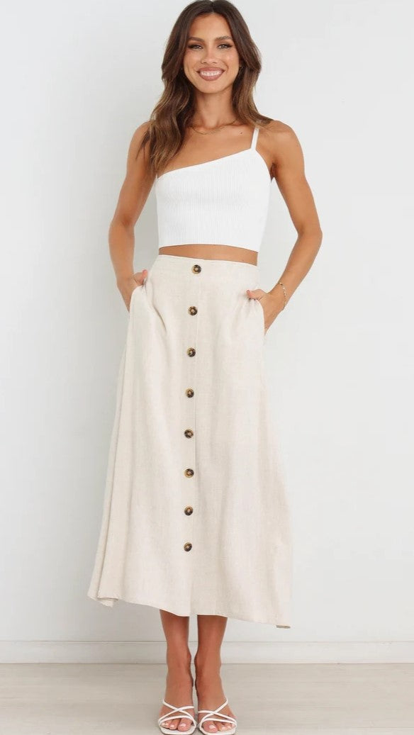 Beige Button Down Midi Skirts