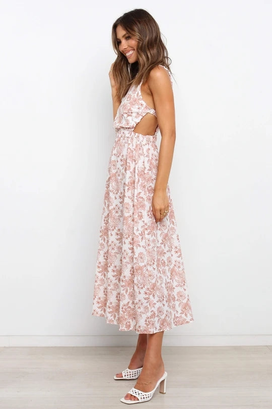 Beige Floral Backless Maxi Dress