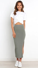 Green Ribbed Knit Midi Skirts