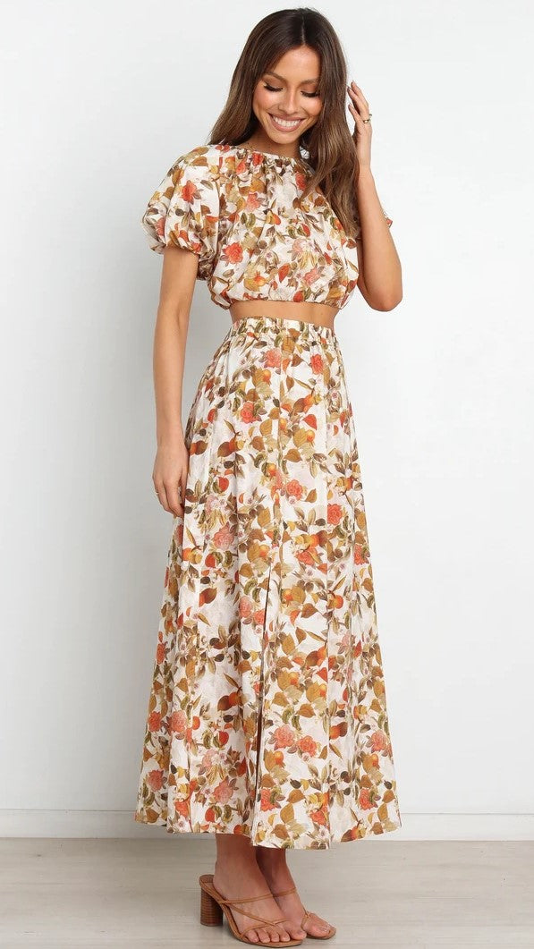 Orange Floral Side Slit Midi Skirts