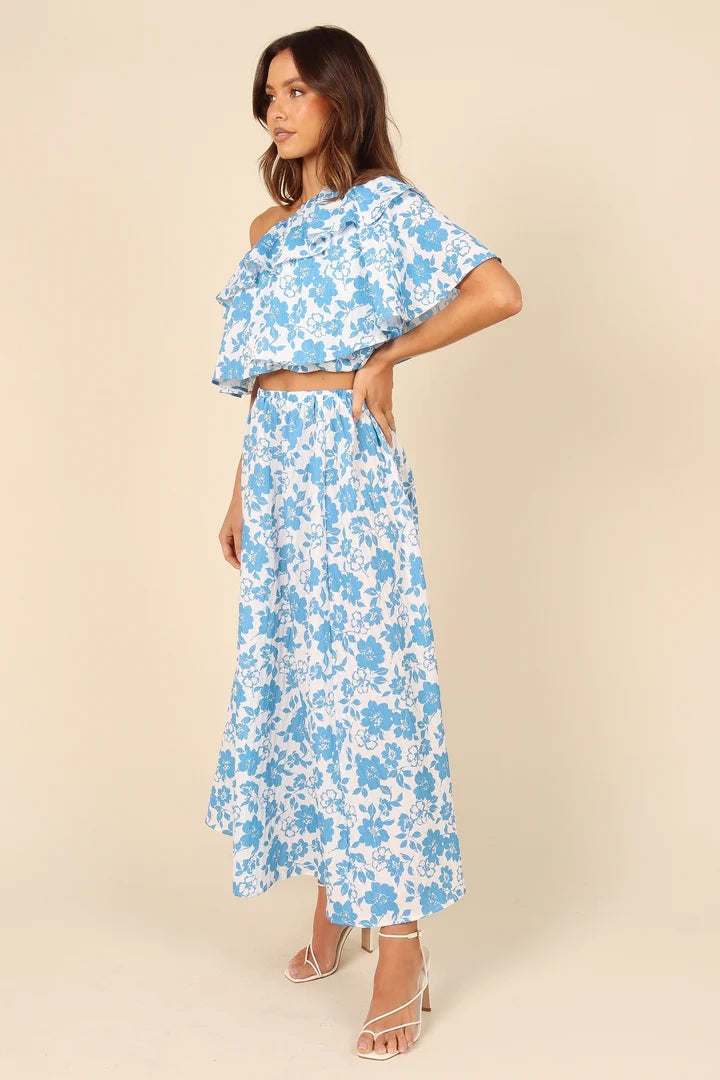 Light Blue Floral Midi Skirts