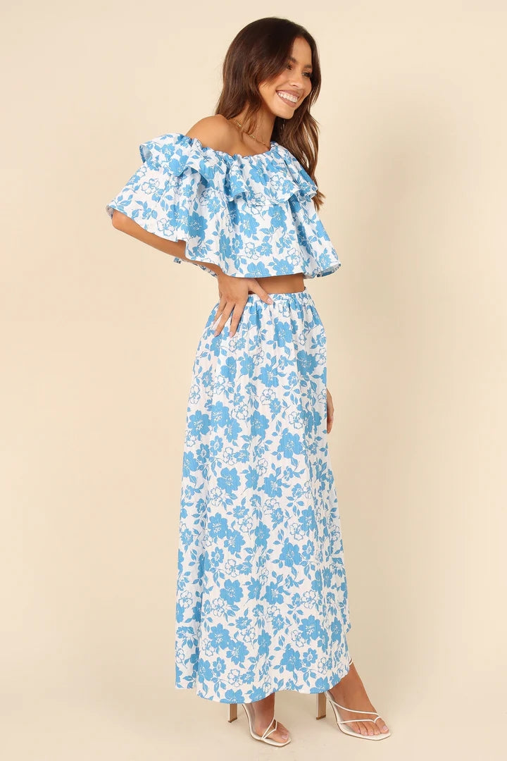 Light Blue Floral Midi Skirts